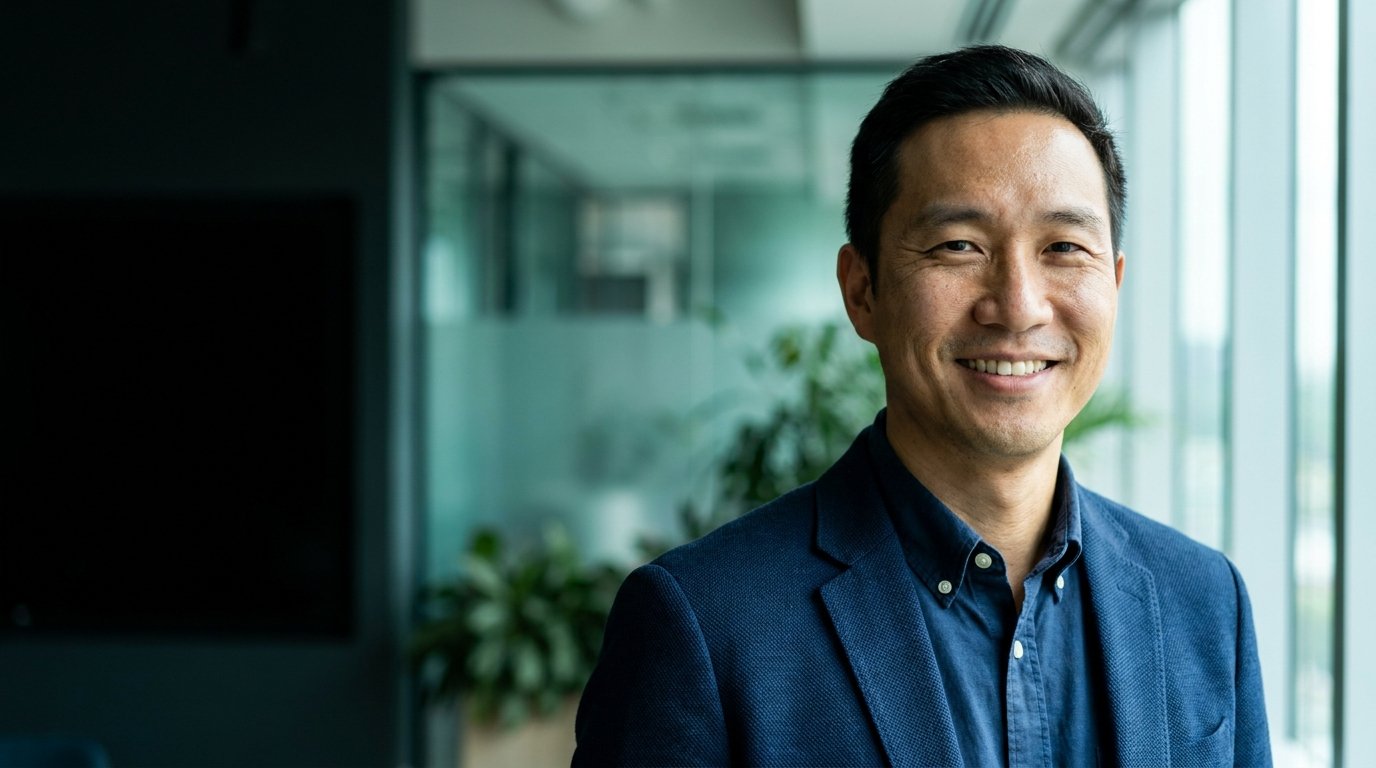 Lifelike close-up of a happy Asian technology professional smiling in a modern office